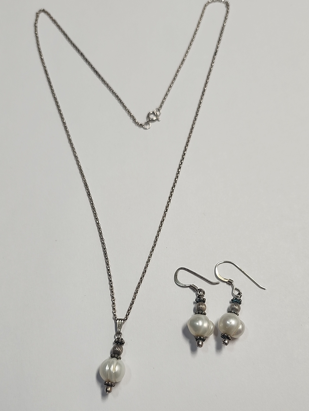 Sterling Silver Pearl Pendant Necklace and Earrings Set - White Pearls